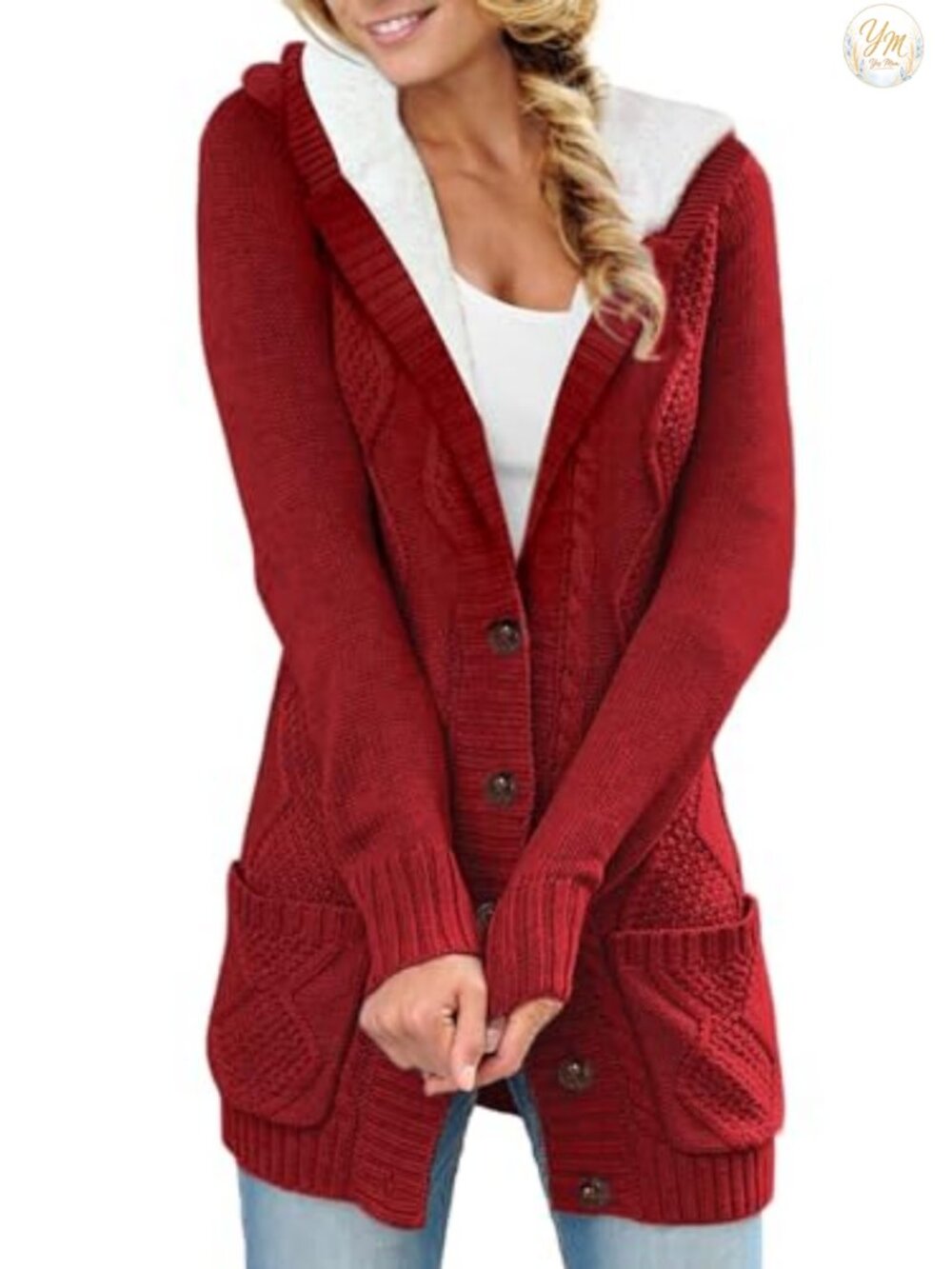 Women's Cable Knit Fleece Lined Hood Cardigan Sweater Buttons Pockets